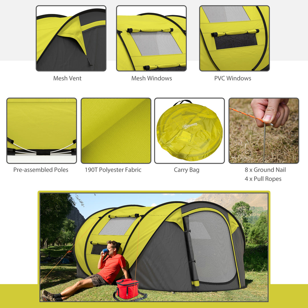 4 Person Pop-up Camping Tent Family Tent with Ground Sheet, 4 Windows and Portable Carry Bag for Beach Outdoor Trip, Yellow