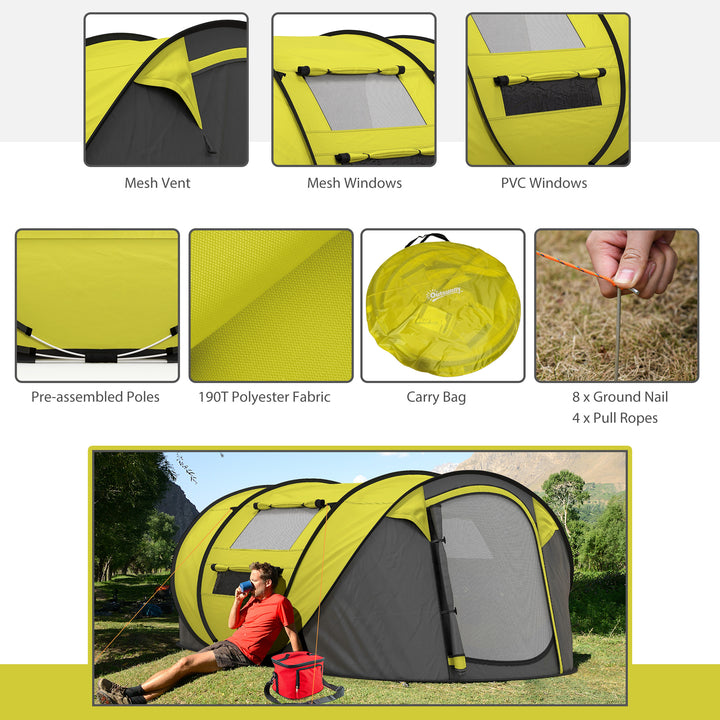 4 Person Pop-up Camping Tent Family Tent with Ground Sheet, 4 Windows and Portable Carry Bag for Beach Outdoor Trip, Yellow