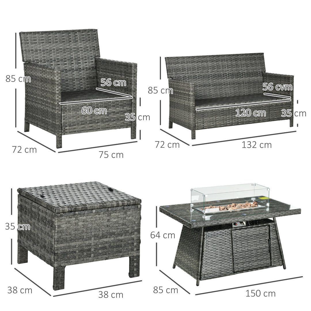 6 Seater Rattan Garden Furniture Set, Gas Fire Pit Table, Wicker Loveseat, 2 Armchairs and 2 Footstools, 6 Piece Patio Rattan furniture Sofa Sets with Cushions for Conservatory, Grey