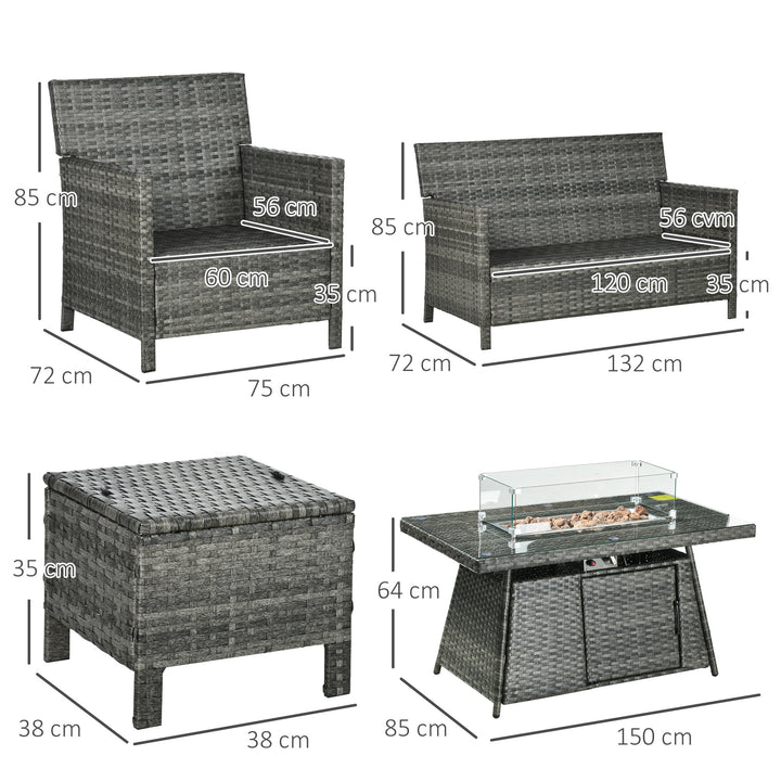 6 Seater Rattan Garden Furniture Set, Gas Fire Pit Table, Wicker Loveseat, 2 Armchairs and 2 Footstools, 6 Piece Patio Rattan furniture Sofa Sets with Cushions for Conservatory, Grey