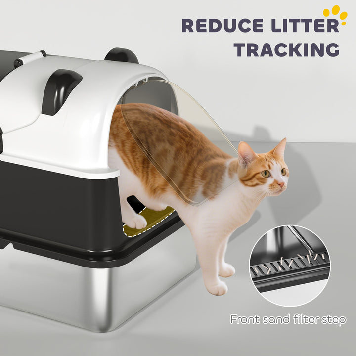 Panda Style XL Stainless Steel Cat Litter Box with Lid, Enclosed Kitty Litter Box with Scoop, 60 x 40 x 45 cm