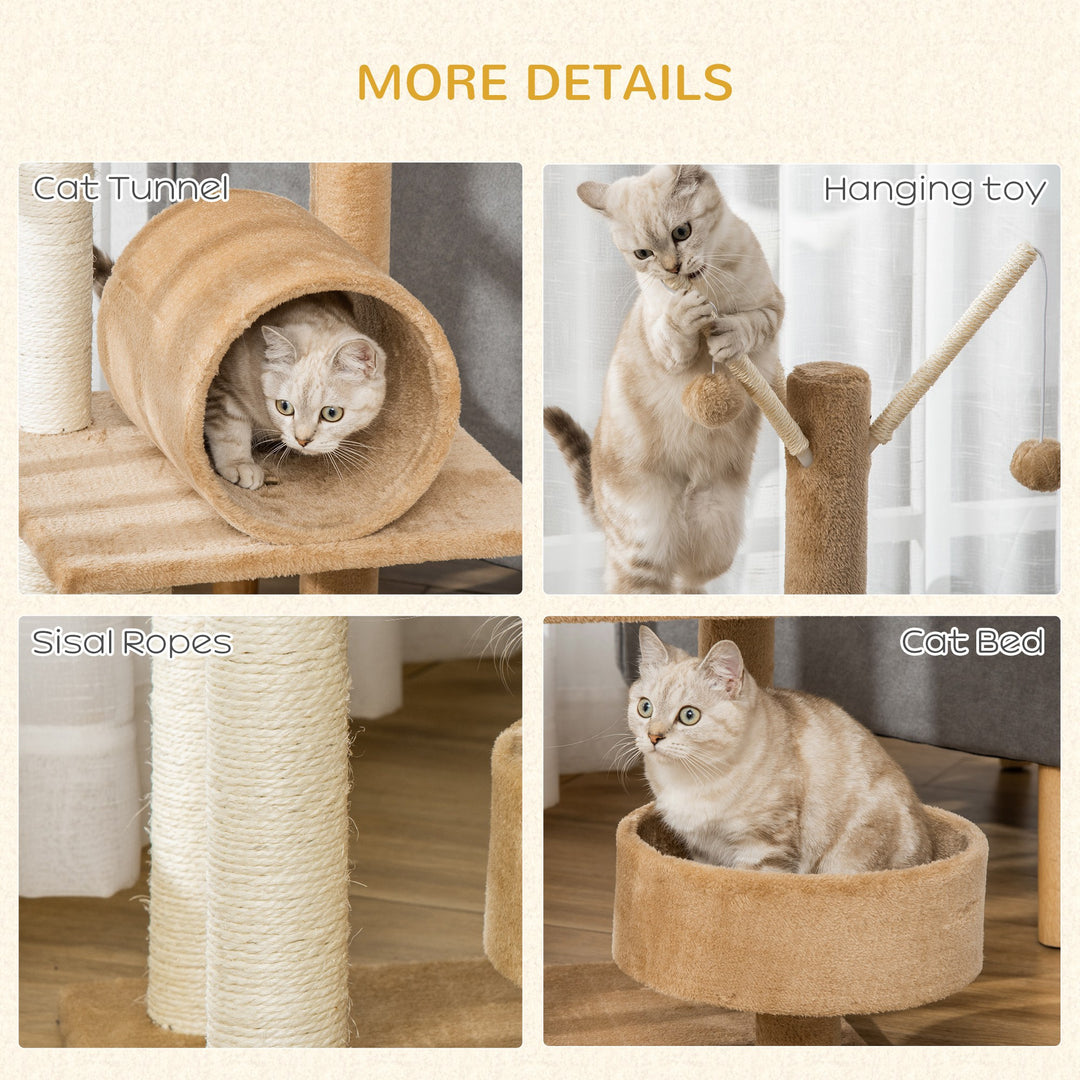 PawHut Cat Tree Tower, 121cm Kitten Activity Centre with Scratching Post, Bed Tunnel Perch, Interactive Ball, Brown | Aosom UK