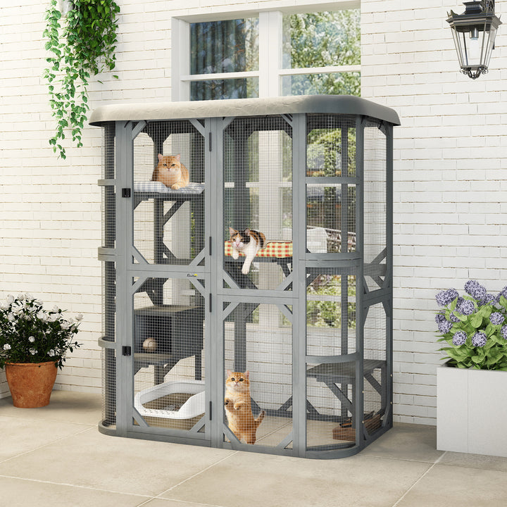 Catio Outdoor Cat Enclosure, Wooden Cat House with Platforms, Condo and Waterproof Cover for 2–3 Kittens