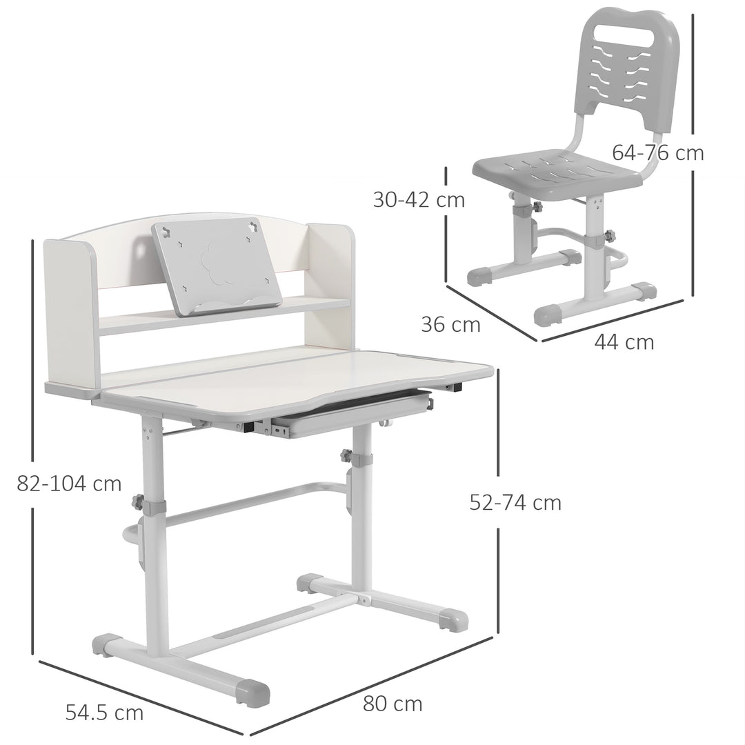 ZONEKIZ Height Adjustable Kids Study Table and Chair Set, with Drawer, Storage Shelf, 80 x 54.5 x 104 cm, Grey | Aosom UK