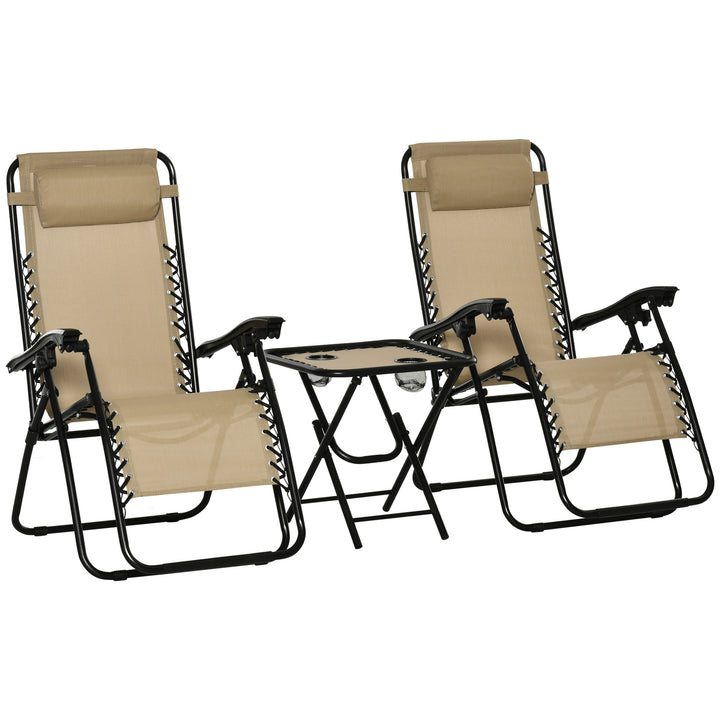 MCL Folding Zero Gravity Chairs, 3 Pieces Adjustable Sun Lounger and Table Set with Cup Holder and Headrest, Patio Bistro Set with Reclining Garden Chairs for Outdoor, Beige