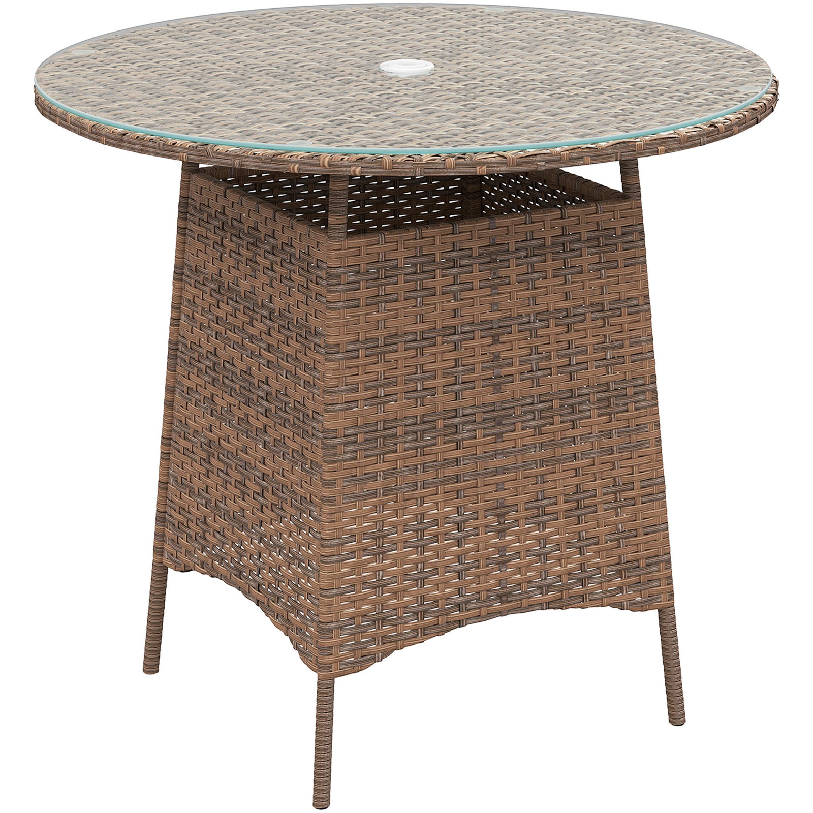 Wicker Garden Rattan Table, Patio Furniture Outdoor Coffee Table with Umbrella Hole and Tempered Glass Top, Brown