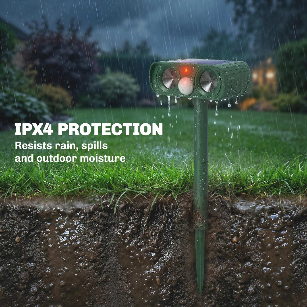Ultrasonic Cat Repellent, PIR Motion Sensor 110°, LED Flash, Solar Cat