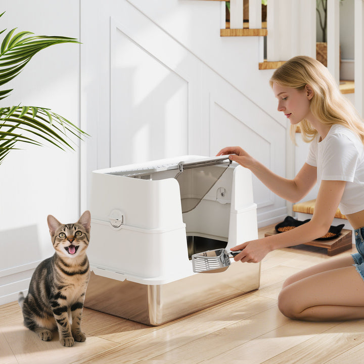 XL Stainless Steel Litter Box w/ 100° Flip Top, Scoop, Side Top Dual Entry, Odor Free, Easy Cleaning, Anti Leakage
