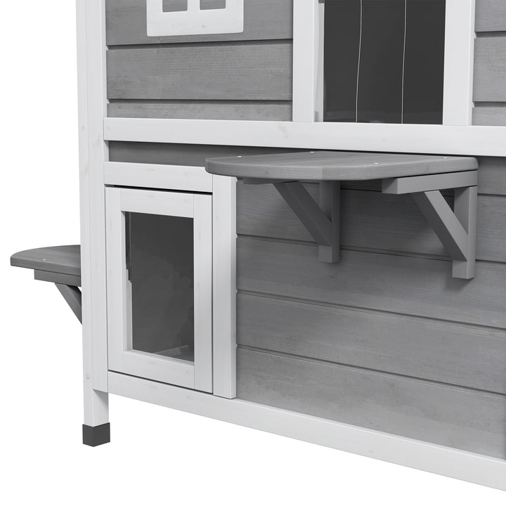 PawHut Solid Wood Cat Condos Pet House Water Proof Outdoor 2-Floor Villa, Grey | Aosom UK