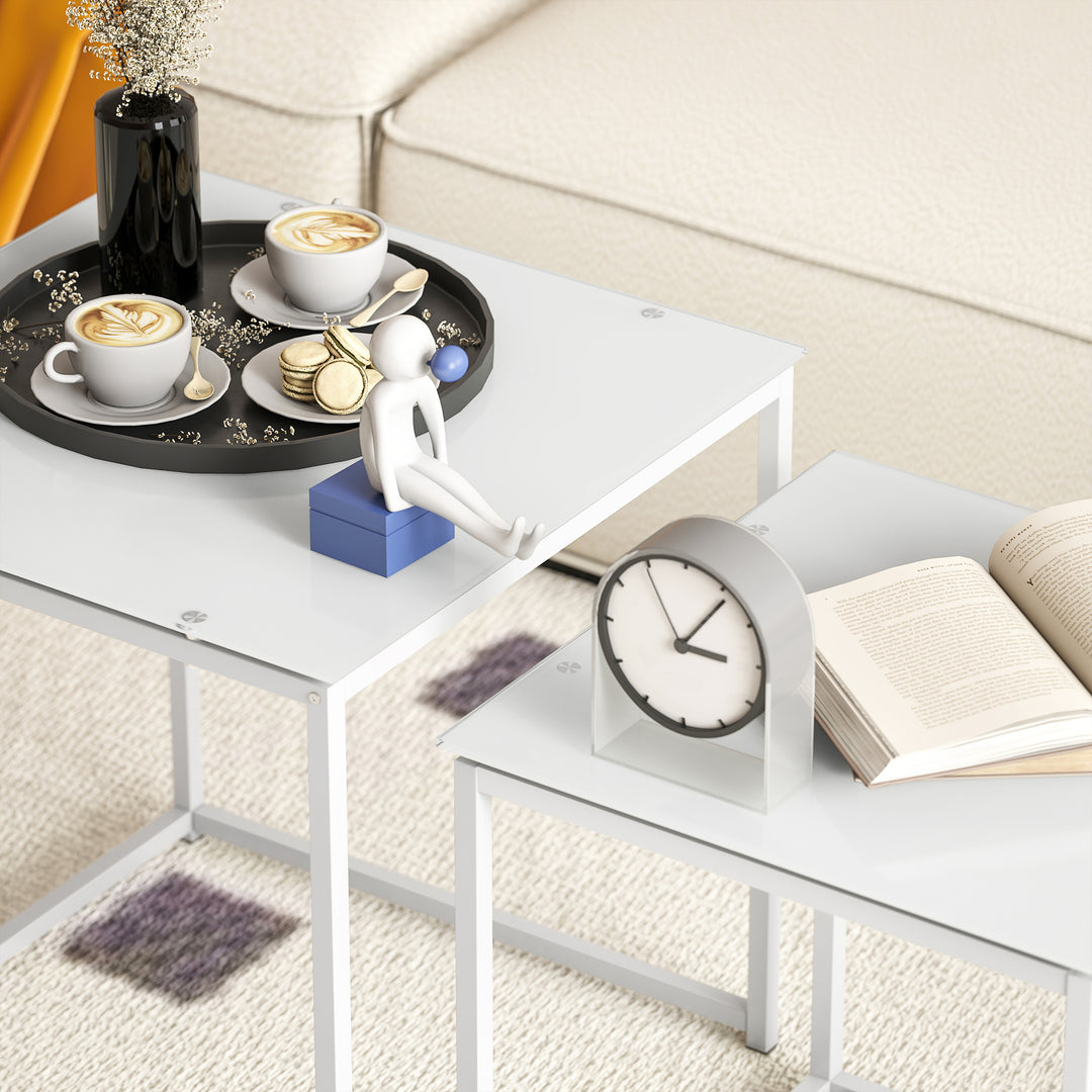 Nest of Tables, Set of 2 Coffee Table, Side Tables with Tempered Glass Desktop and Metal Frame for Living Room, Bedroom, Office, White