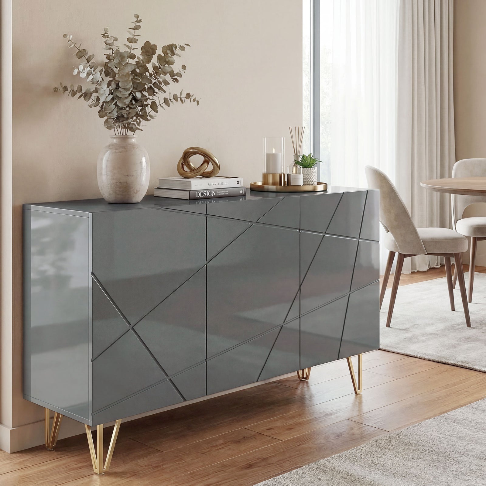 Modern Luxe High Gloss Sideboard, with Hairpin Legs, Grey