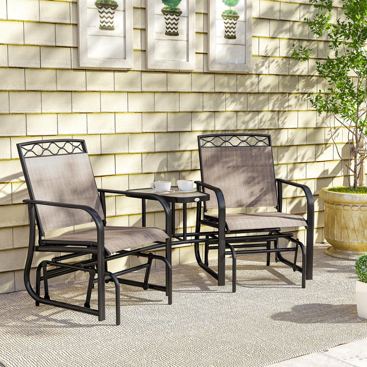 MCL Double Outdoor Glider Chair, 2 Seater Patio Rocking Chairs, Swing Bench with Tempered Glass Table, Breathable Mesh Fabric for Backyard, Garden, Porch, Brown