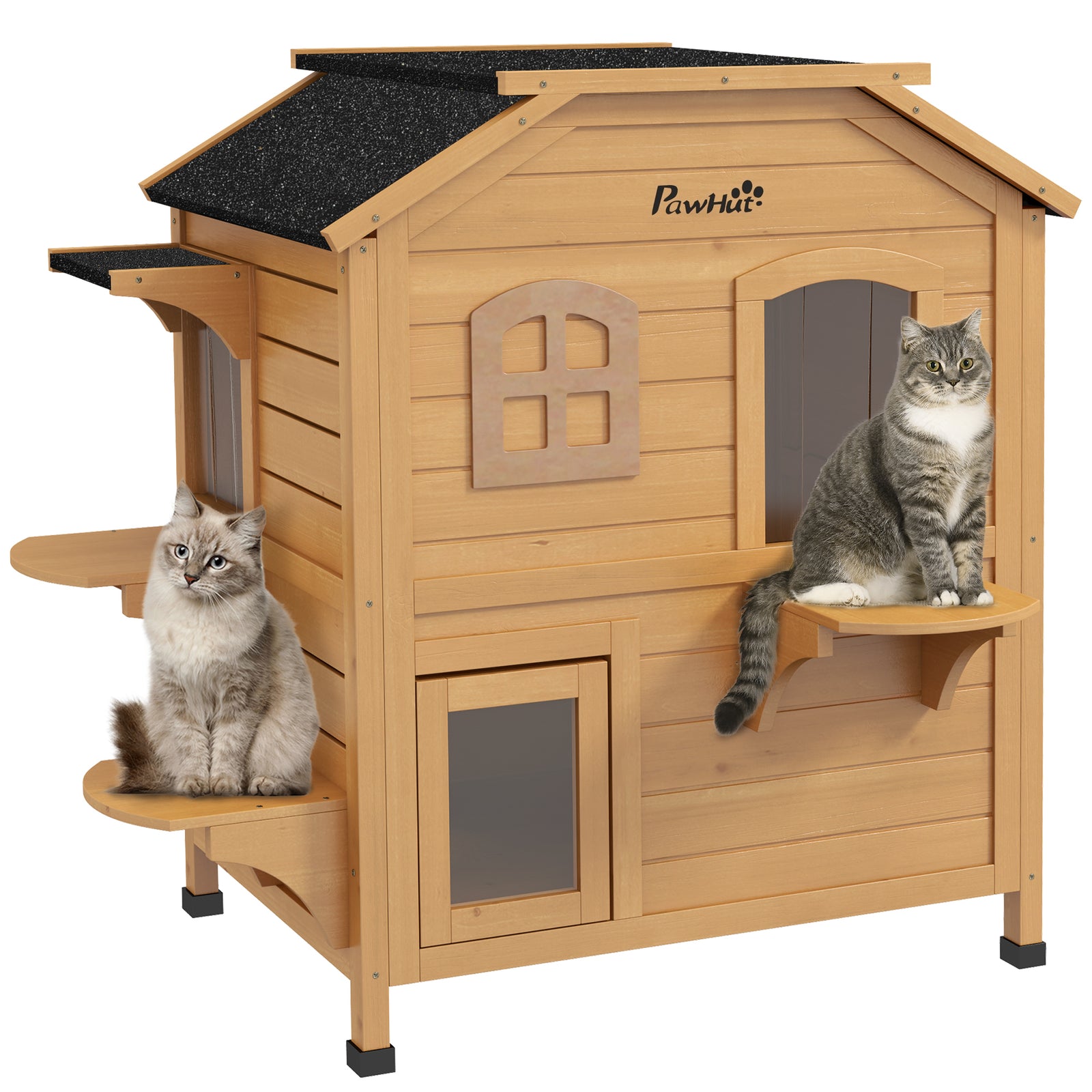 2-story Cat House Outdoor, Weatherproof Wooden Cat Enclosure for Feral Cats with Escape Door, Openable Roof, Jumping Platforms, Natural Wood Finish