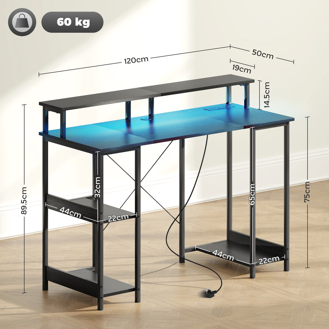 LED Computer Desk, with Power Outlets and Shelves - Black