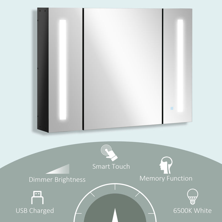 MCL LED Bathroom Cabinet with Mirror, Wall Mounted Dimmable Brightness Storage Organiser with 3 Mirrored Doors and Adjustable Shelves, Memory Function, USB Charge, High Gloss Black