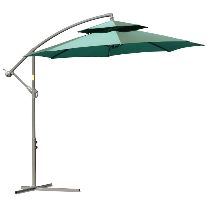 Outsunny 2.7m Cantilever Banana Parasol with Crank Handle, Double Tier Canopy & Cross Base, Outdoor Hanging Sun Shade, Green | Aosom UK