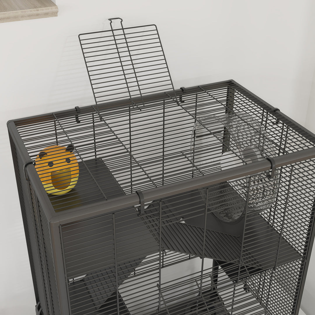 Four-Tier Hamster Cage with Deep Tempered Glass Bottom, Hut, Running Wheel, Food Dish, Water Bottle, 60 x 40 x 80cm