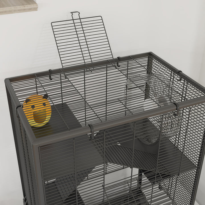 Four-Tier Hamster Cage with Deep Tempered Glass Bottom, Hut, Running Wheel, Food Dish, Water Bottle, 60 x 40 x 80cm