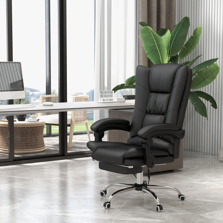 High Back Vibration Massage Office Chair, Heated Reclining PU Leather Computer Chair with 135° Reclining Back and Footrest, Black