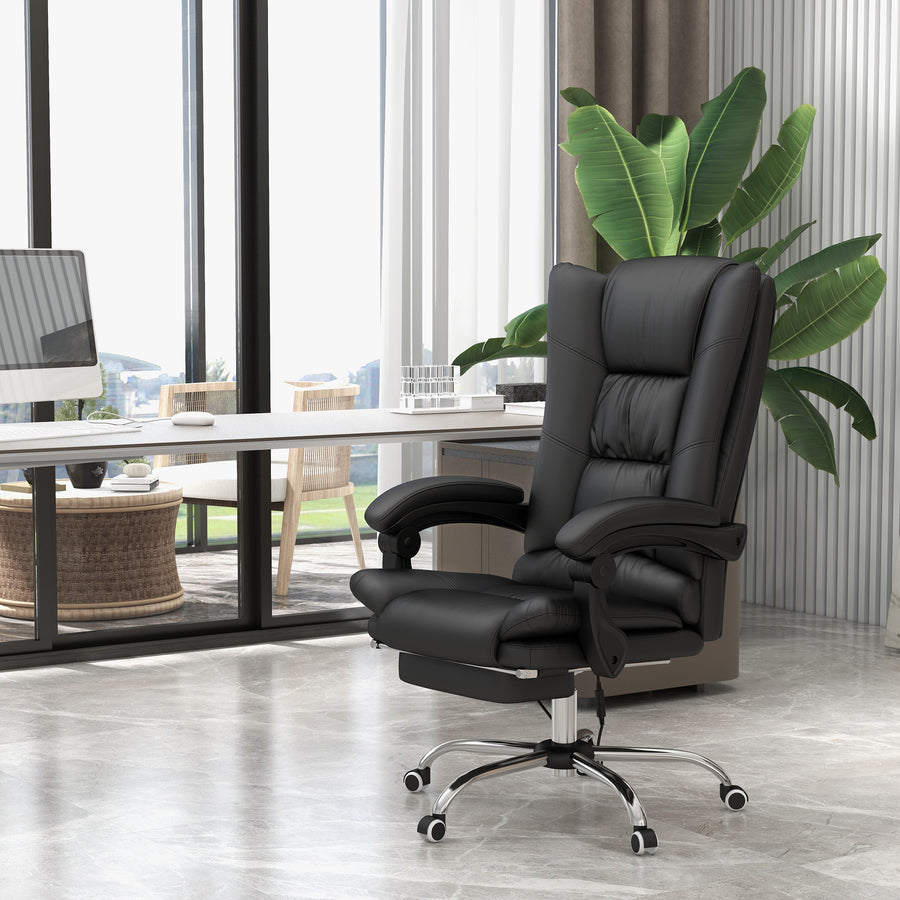 High Back Vibration Massage Office Chair, Heated Reclining PU Leather Computer Chair with 135° Reclining Back and Footrest, Black