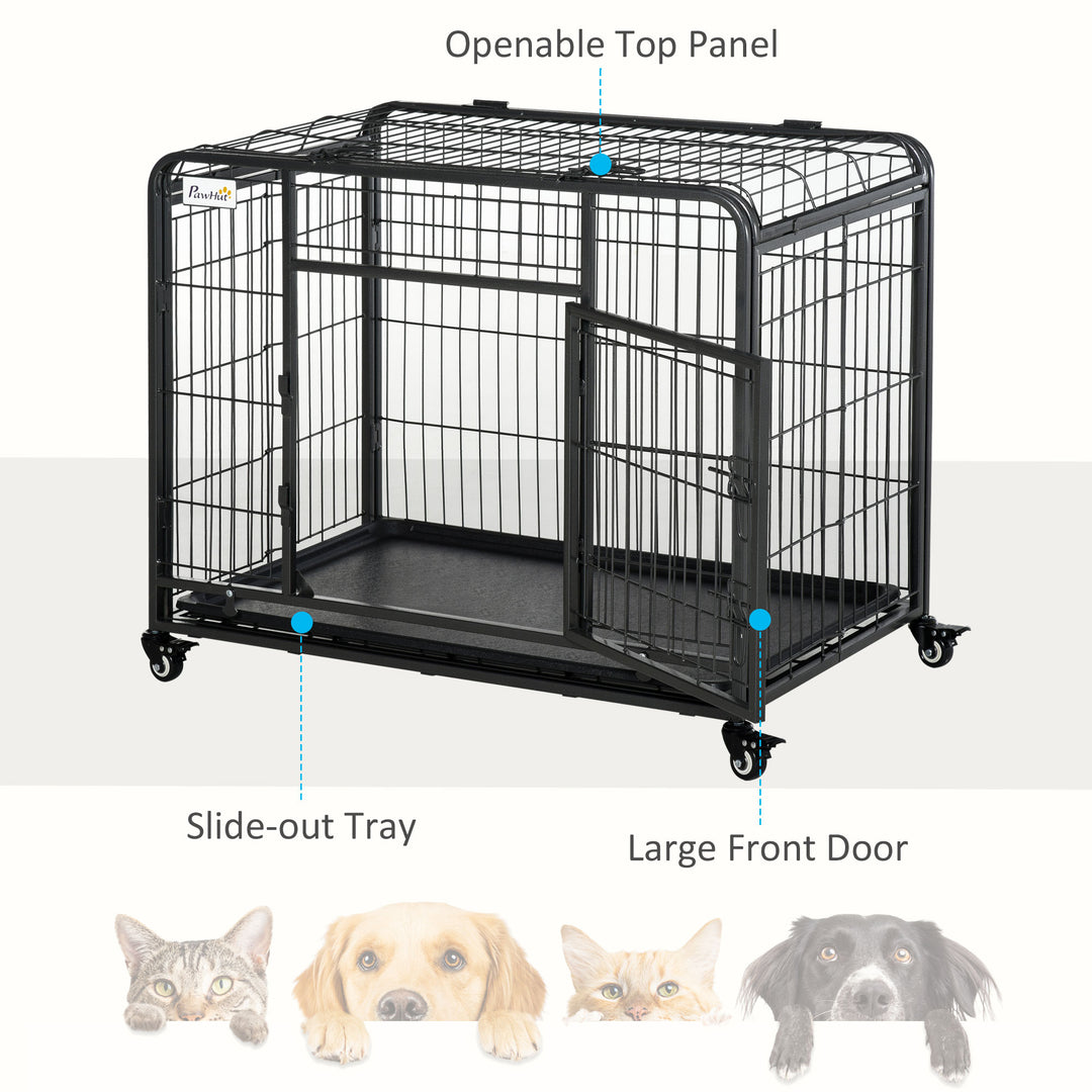 MCL Metal Dog Cage Kennel Locking Door & Wheels Removable Tray Openable Top For Medium Pets 94 x 58 x 69.5 cm