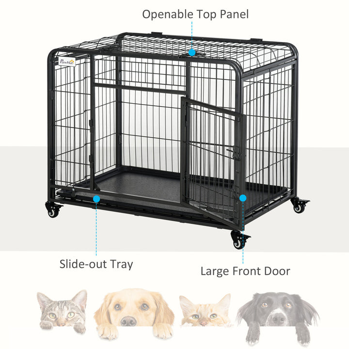 MCL Metal Dog Cage Kennel Locking Door & Wheels Removable Tray Openable Top For Medium Pets 94 x 58 x 69.5 cm