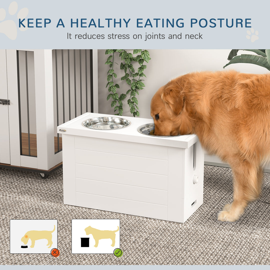 Raised Dog Bowls w/ Slow Feeder Mat, Storage Cabinet, Three Stainless Steel Bowls, Semi Auto Dispenser Function, White