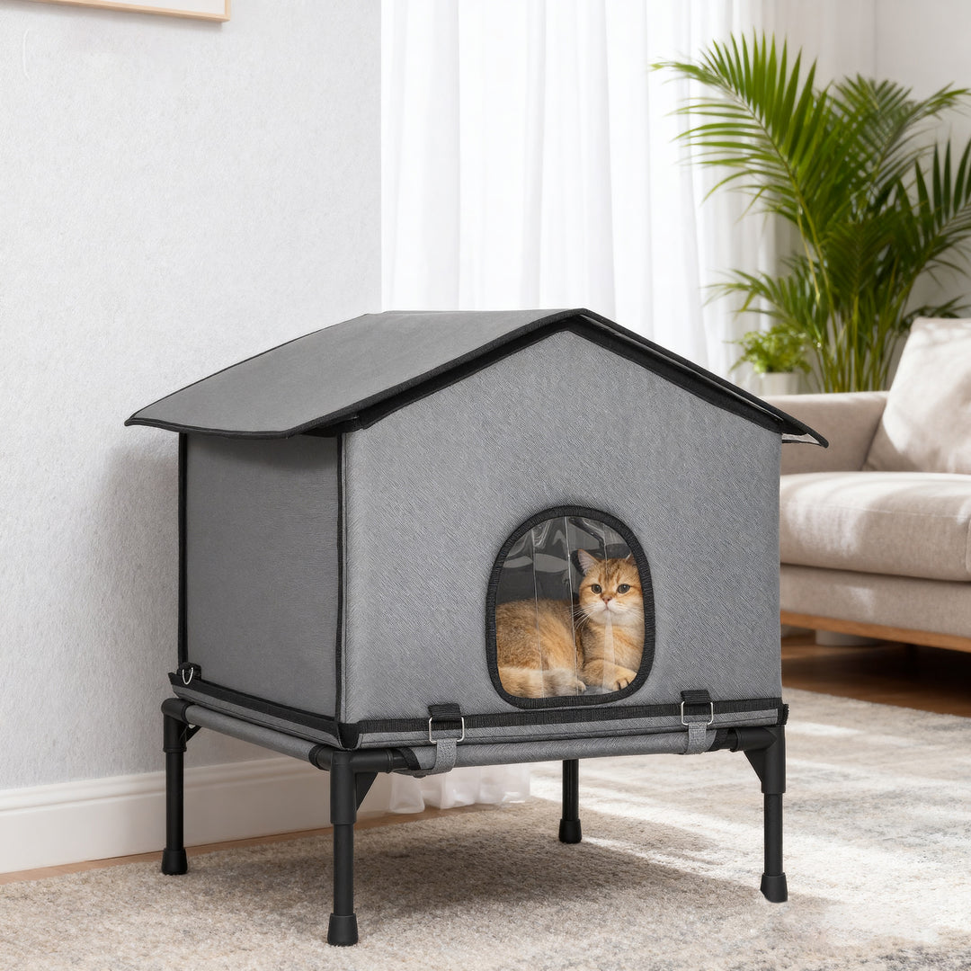 MCL Outdoor Cat House, Waterproof Insulated Cat Kennel with Elevated Base, Foldable Feral Kitty Shelter for Kittens, Grey