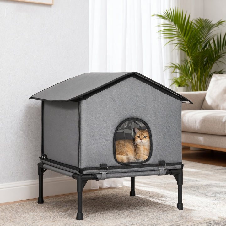MCL Outdoor Cat House, Waterproof Insulated Cat Kennel with Elevated Base, Foldable Feral Kitty Shelter for Kittens, Grey