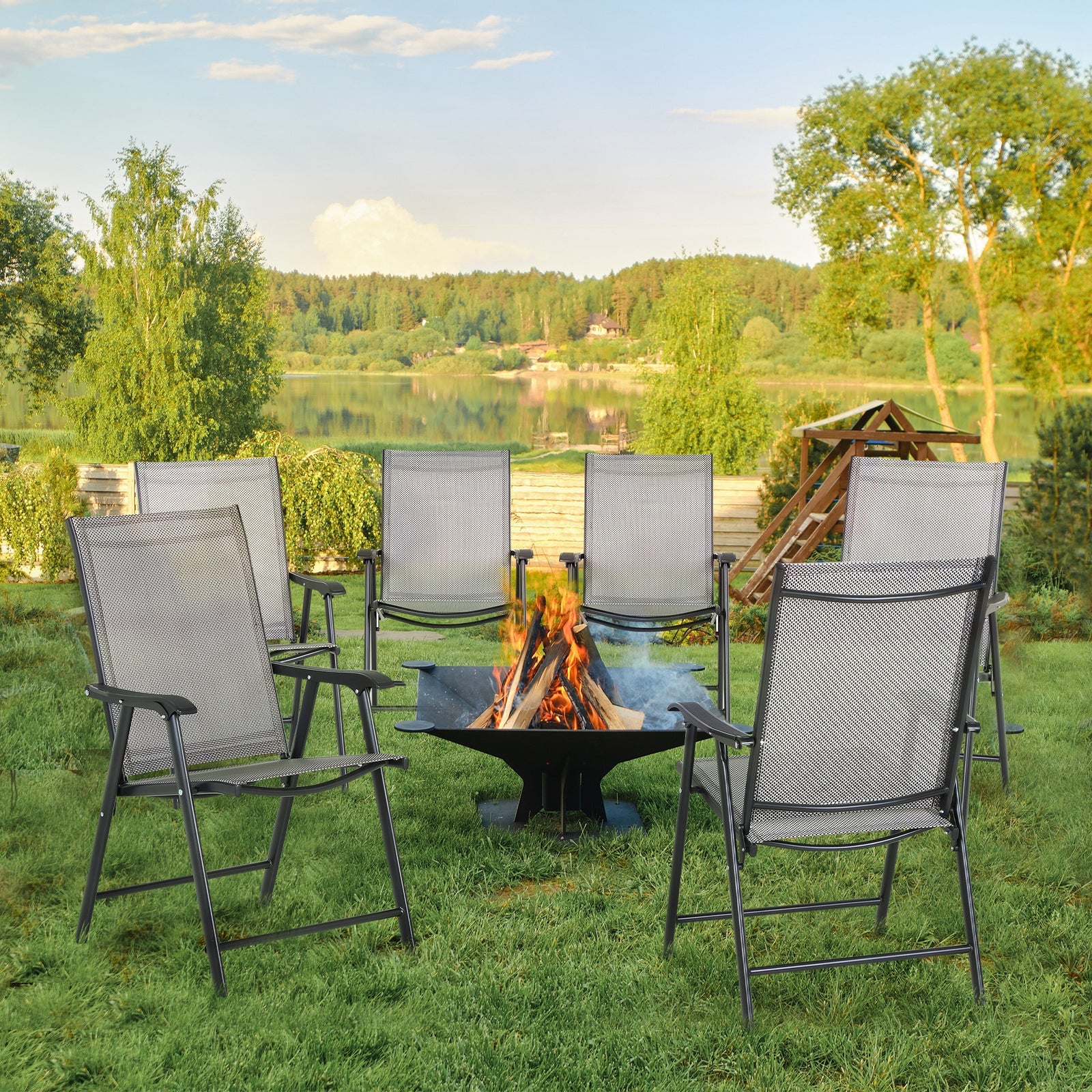 Set of Six Folding Garden Chairs - Grey