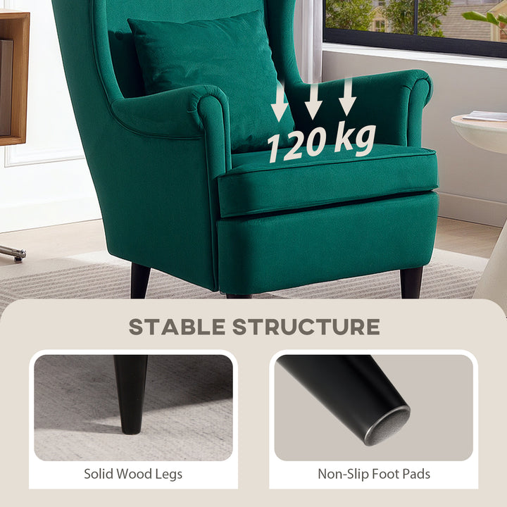 Modern Accent Chair, Upholstered Wingback Armchair with High Backrest and Pillow, Velvet-Feel Fabric Reading Chair with Solid Wood Legs for Living Room, Bedroom, Home Office, Dark Green