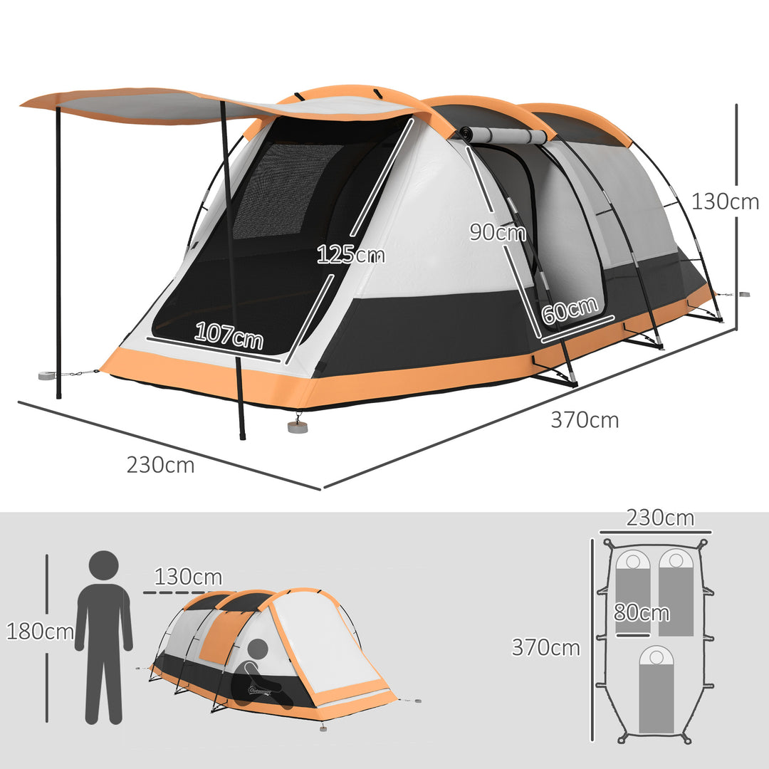 Three-Man Camping Tent, with Two Rooms and Porch - Orange