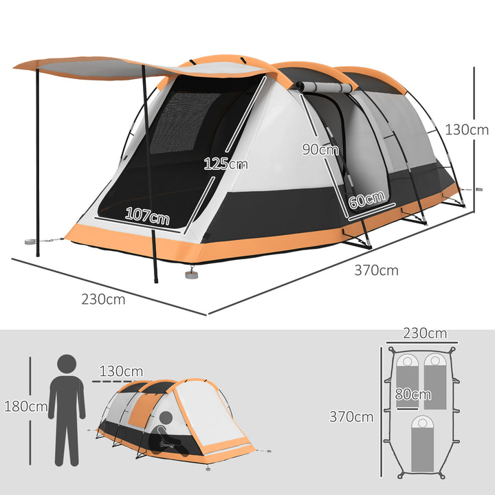 Three-Man Camping Tent, with Two Rooms and Porch - Orange