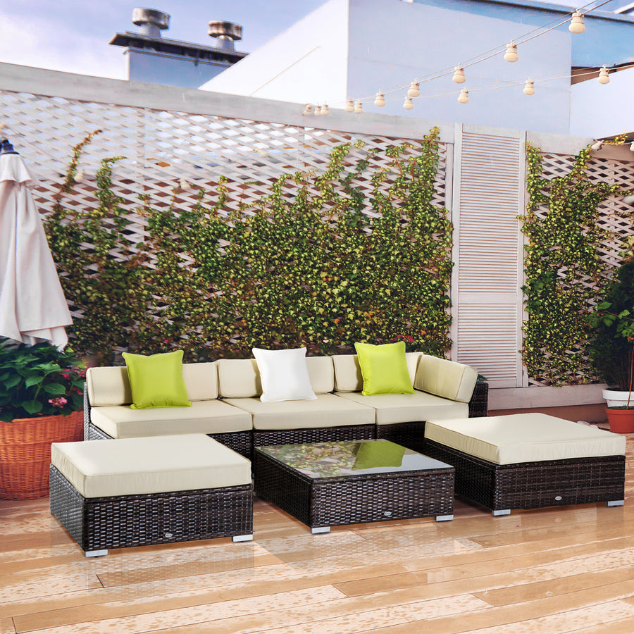 6 PC Rattan Sofa Coffee Table Set Sectional Wicker Weave Furniture for Garden Outdoor Conservatory w/ Pillow Cushion Brown