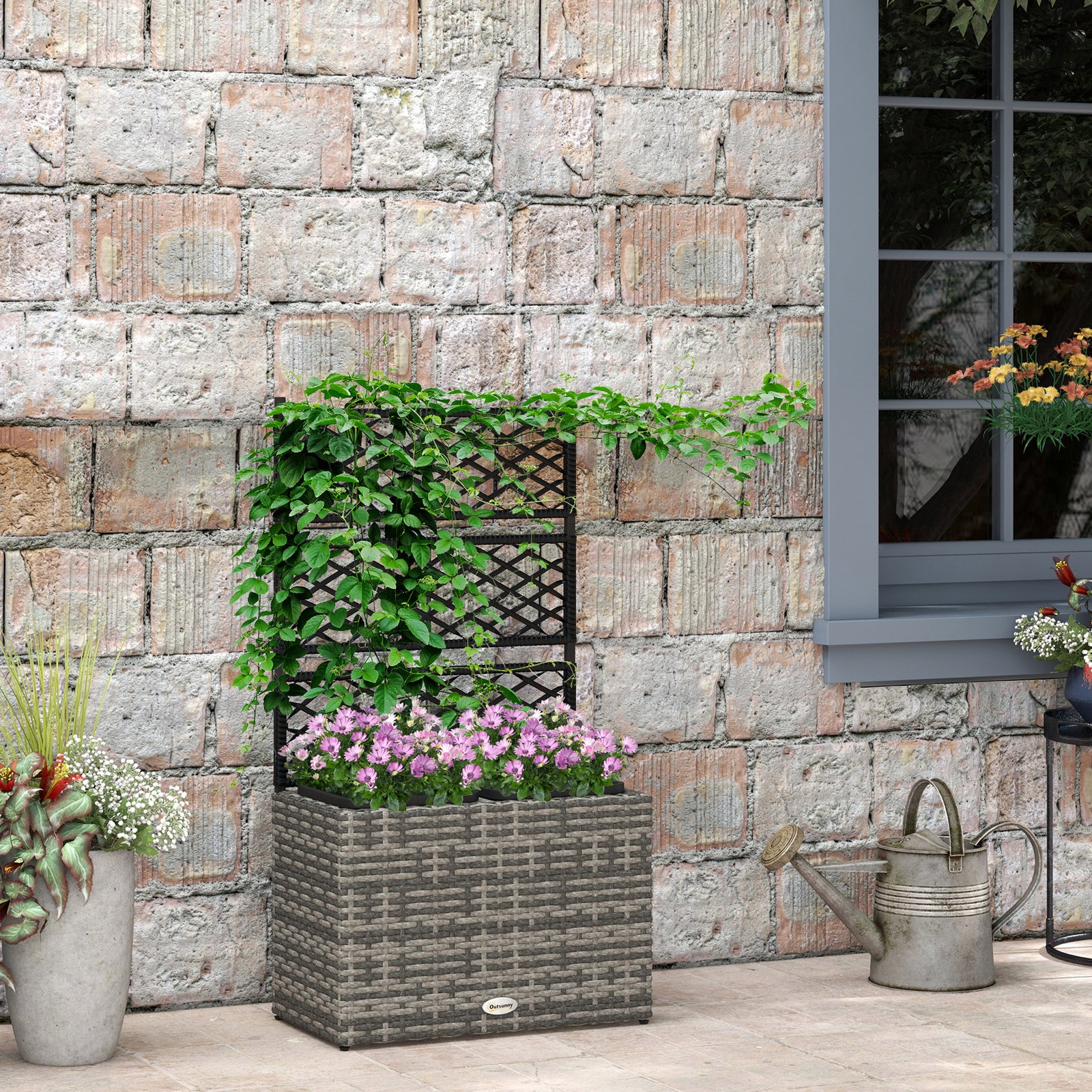 22 L Rattan Planter with Trellis, Freestanding Raised Beds for Garden with Two Plant Boxes, Outdoor Planter for Climbing Plants, Flowers, 57 x 30 x 107 cm, Mixed Grey