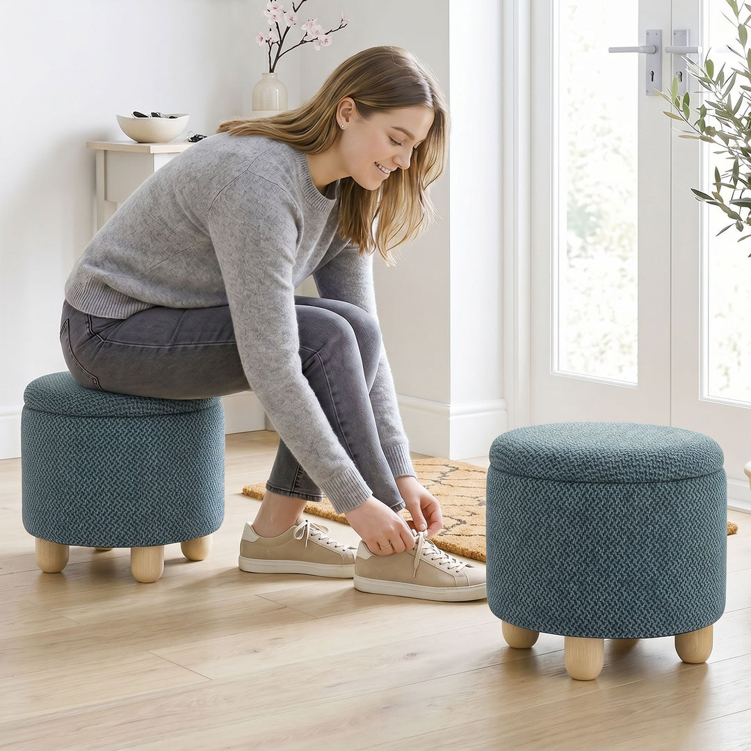 Storage Sitting Bench with Lid, Round Storage Ottoman with Rubberwood 