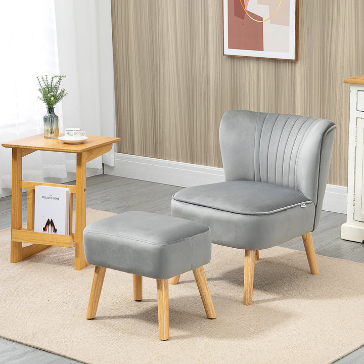 HOMCOM Velvet Accent Chair with Ottoman, Occasional Tub Seat, Curved Back, Wood Frame, Light Grey | Aosom UK