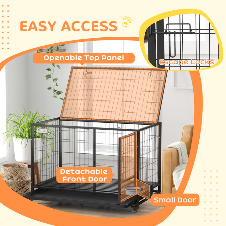 PawHut 48" Heavy Duty Dog Crate on Wheels w/ Bowl Holder, Removable Tray, Detachable Top, Double Doors for L, XL Dogs