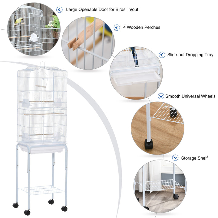 PawHut Metal Parrot Cage: Spacious Abode with Breeding Stand & Wheels, Snow White | Aosom UK