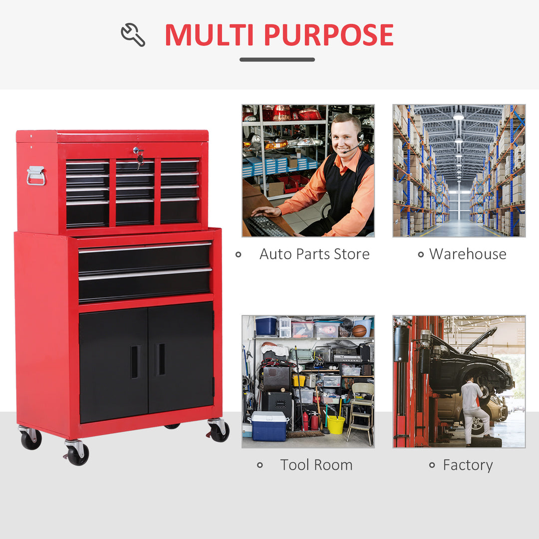 Tool Chest, Metal Tool Cabinet on Wheels with 6 Drawers, Pegboard, Top Chest and Roller Cabinet Combo, 61.6 x 33 x 108cm, Red and Black