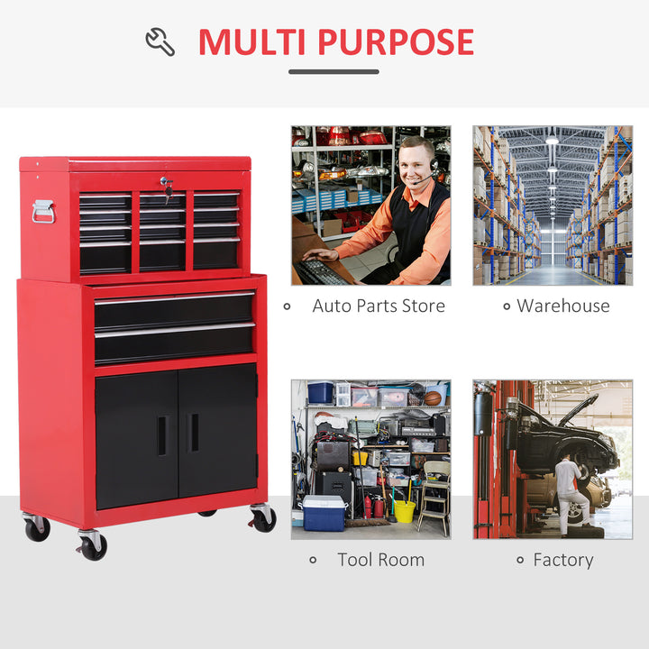 Tool Chest, Metal Tool Cabinet on Wheels with 6 Drawers, Pegboard, Top Chest and Roller Cabinet Combo, 61.6 x 33 x 108cm, Red and Black