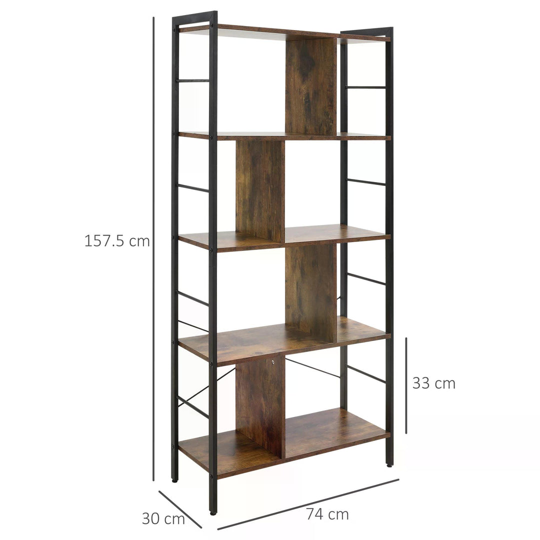 HOMCOM Industrial Storage Shelf Bookcase Closet Floor Standing Display Rack with 5 Tiers, Metal Frame for Living Room & Study, Rustic Brown | Aosom UK