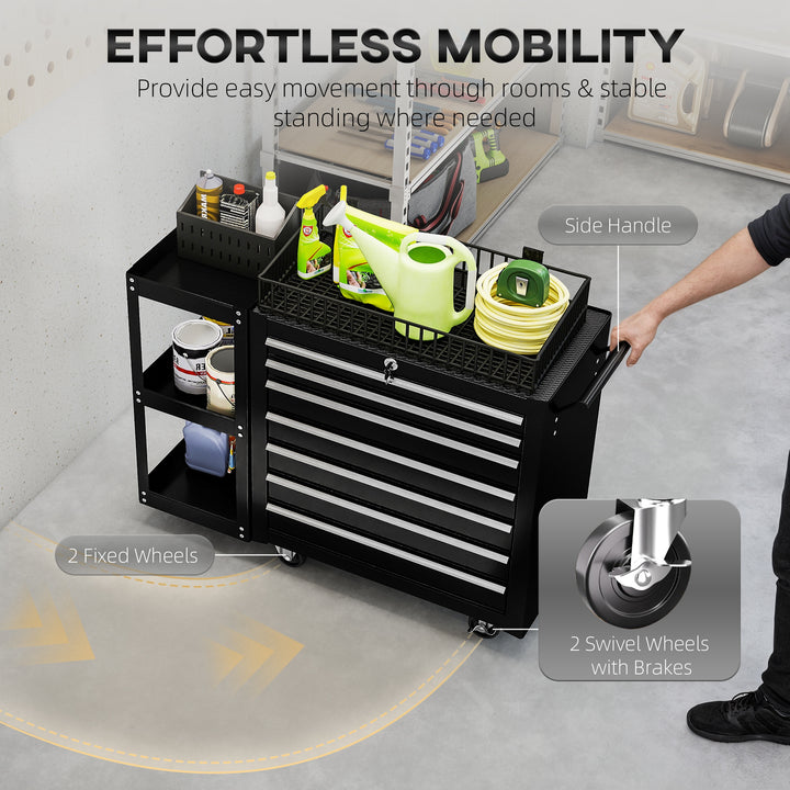 Lockable Steel Tool Chest on Wheels, 7 Drawer Tool Box with Handle for