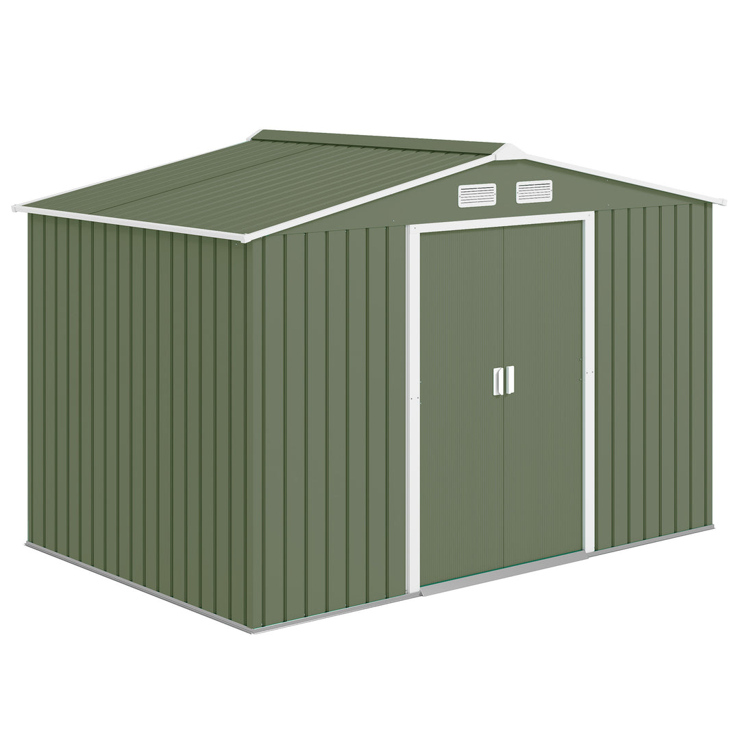 9 x 6ft Metal Garden Shed, Outdoor Storage Tool House with Ventilation Slots, Foundation Kit and Lockable Double Doors, Light Green