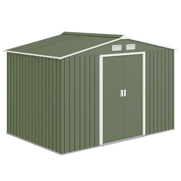 MCL 9 x 6ft Metal Garden Shed, Outdoor Storage Tool House with Ventilation Slots, Foundation Kit and Lockable Double Doors, Light Green