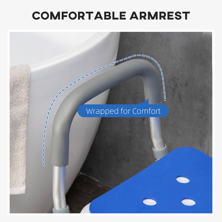 HOMCOM Shower Stools Shower Seat for Elderly and Disabled, EVA Padded, Height Adjustable with Back and Arms, 4 Suction Foot Pads, Blue | Aosom UK