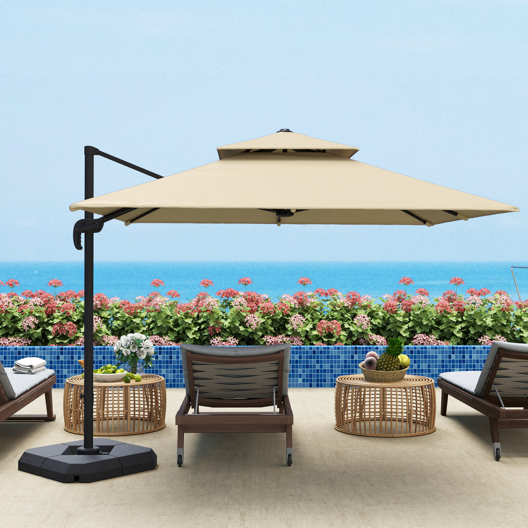 2.7 x 2.7(m) Cantilever Parasol with Aluminium Frame, Crank and Tilt, 360-Degree Rotation, Double Top Garden Umbrella with Base and Cover, Khaki
