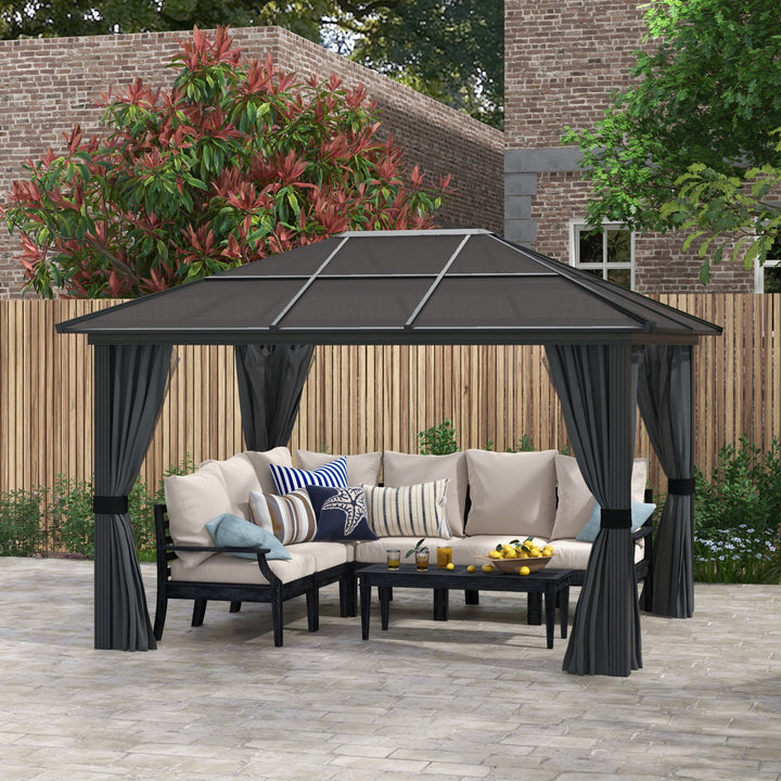 Outsunny 3 x 4m Hard Top Gazebo Garden Pavilion with Netting and Curtains, Polycarbonate Roof and Aluminium Frame