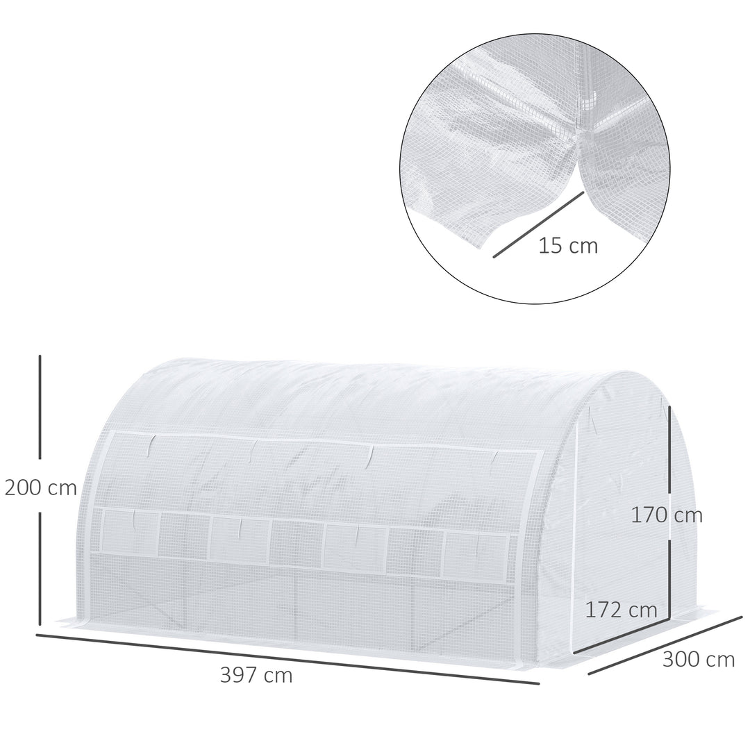 4 x 3 x 2 m Polytunnel Greenhouse with Roll-up Side Walls, Walk-in Grow House Tent with Steel Frame, Reinforced Cover, Zipped Door and 12 Mesh Windows for Garden, White