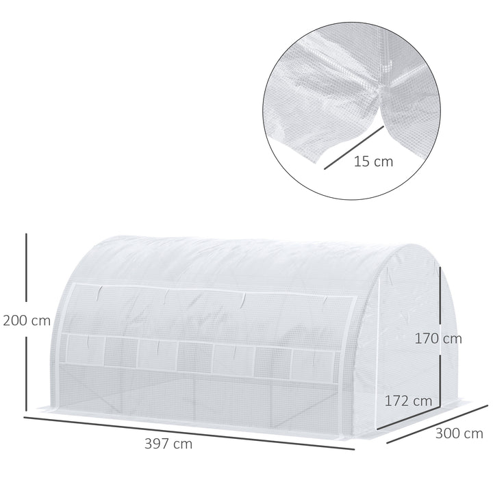 4 x 3 x 2 m Polytunnel Greenhouse with Roll-up Side Walls, Walk-in Grow House Tent with Steel Frame, Reinforced Cover, Zipped Door and 12 Mesh Windows for Garden, White